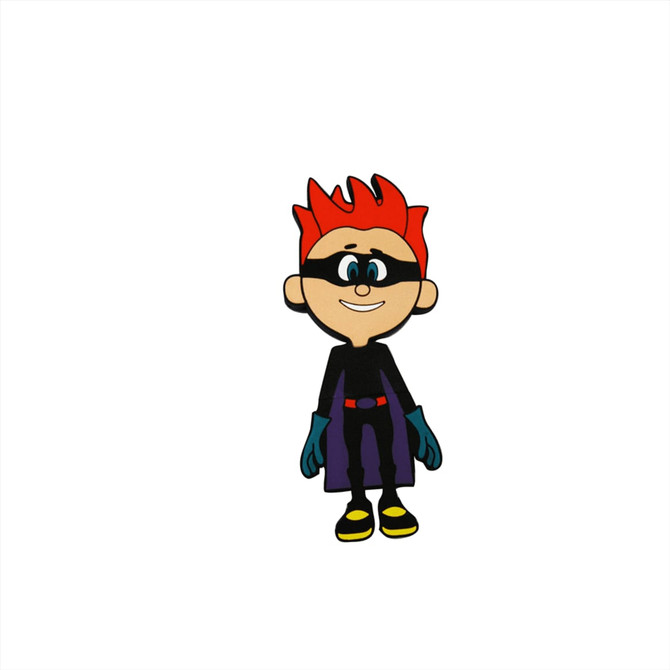 A cartoon character with red spiky hair, wearing a black outfit, gloves, and yellow shoes, stands smiling.
