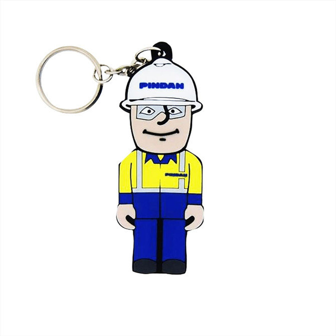A custom-shaped USB flash drive featuring a cartoon character in a hard hat and work uniform, with a keychain attachment.