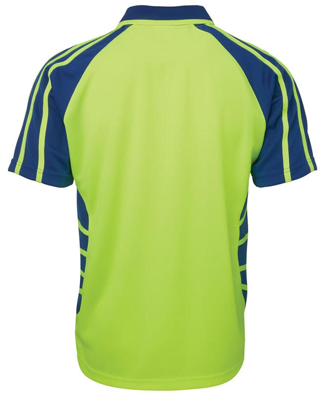 A bright green and navy work polo shirt with short sleeves and a sporty design, featuring a logo.