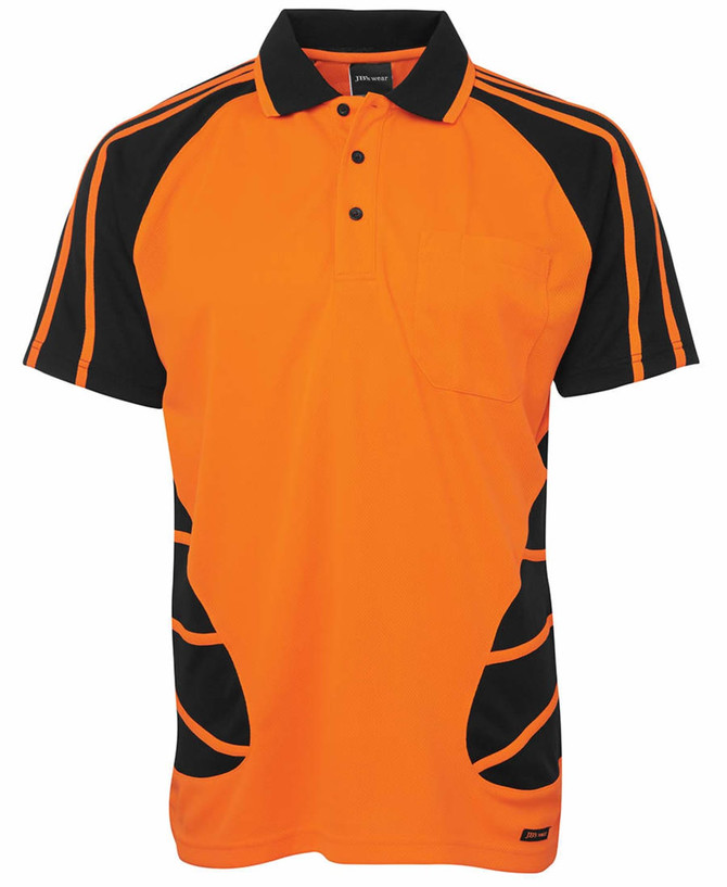 An orange and black polo shirt featuring a pocket and contrasting panels, with a logo on the design.