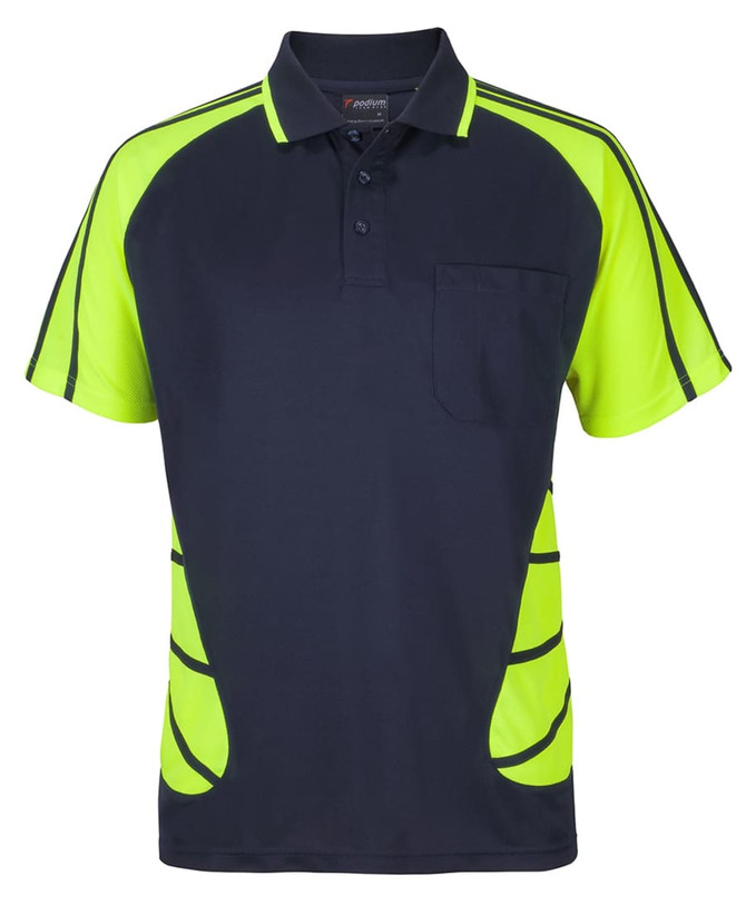 A navy blue and high-visibility lime green polo shirt with short sleeves and a pocket, featuring a logo.