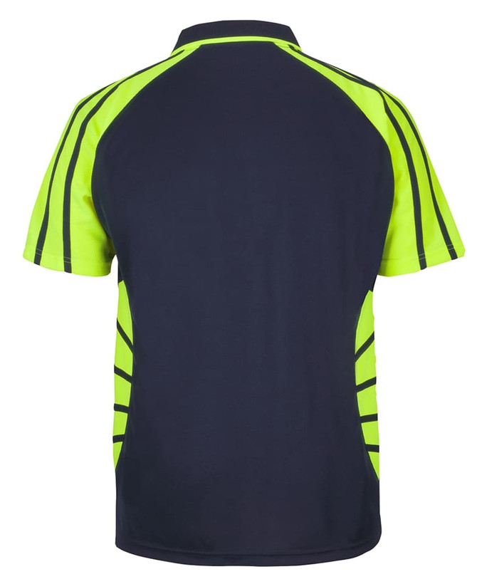 A polo shirt featuring a navy blue and bright lime green design, with a logo and dynamic striped pattern.