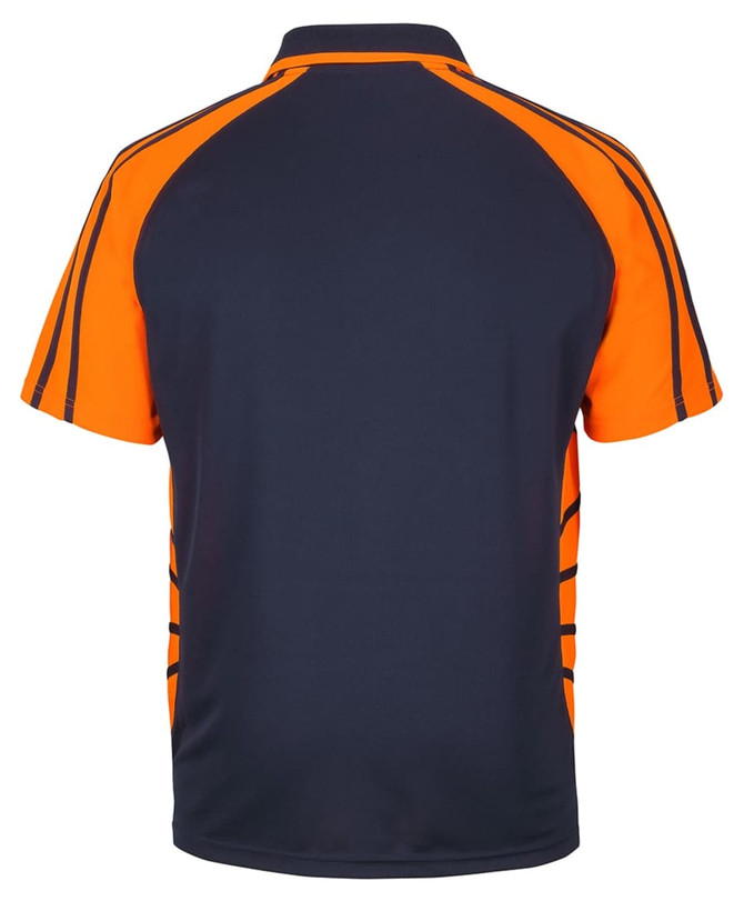 A polo shirt featuring a navy blue base with bright orange accents and a logo on the back.