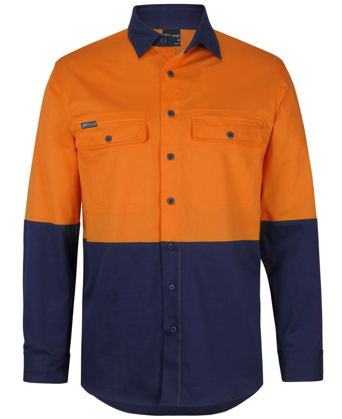 A work shirt featuring long sleeves, with a bright orange upper section and a navy blue lower section. It includes a logo.