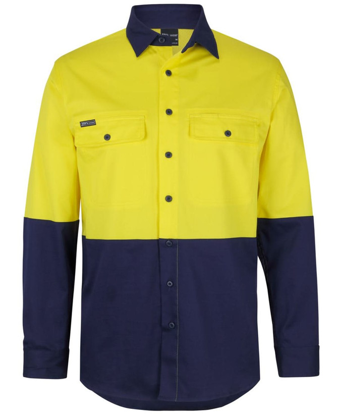 A long-sleeved work shirt in high visibility yellow and navy blue, featuring two chest pockets and a logo.