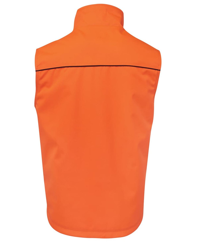 An orange work vest with a high neck and no visible front details, featuring a logo on the back.