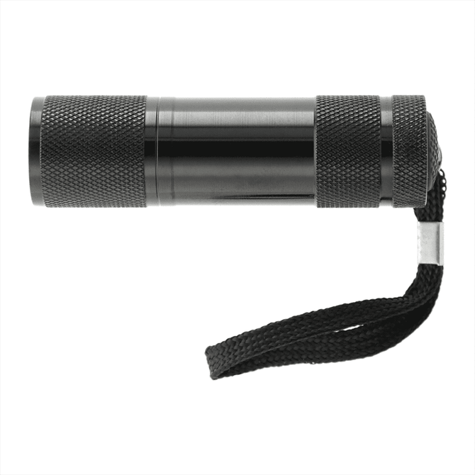 A sleek black LED flashlight with a textured grip and a wrist strap. It features a compact, cylindrical design.
