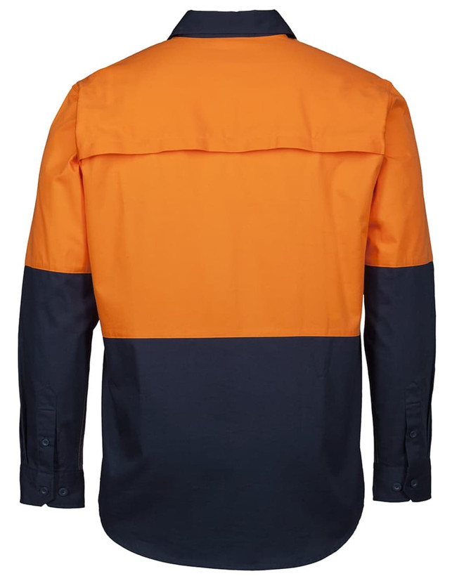 A work shirt featuring a fluorescent orange upper section and a navy blue lower section, with a back yoke design and long sleeves.
