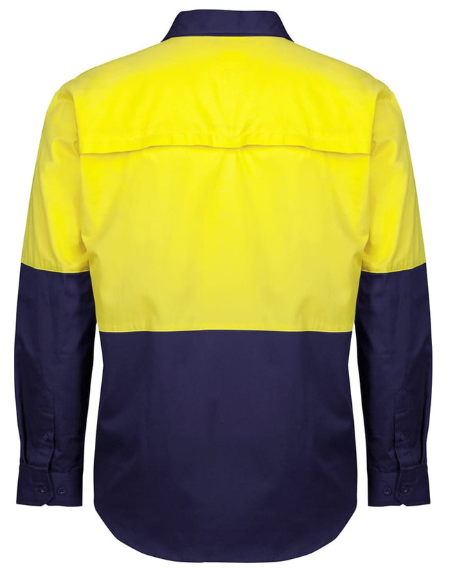 A long-sleeve work shirt in fluorescent yellow and navy blue, featuring a logo on the back.