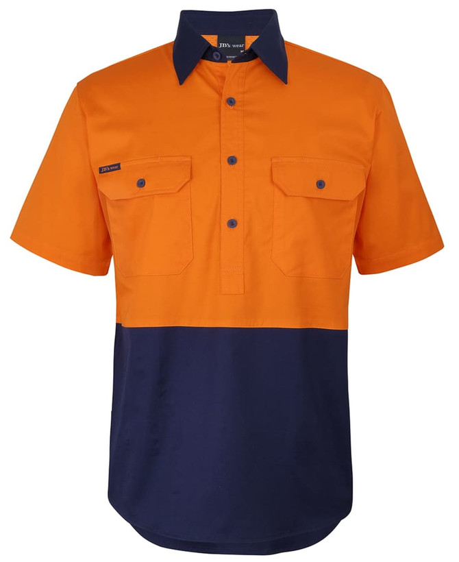 An orange and navy short-sleeved work shirt featuring front pockets and a collar, with a logo on the chest.