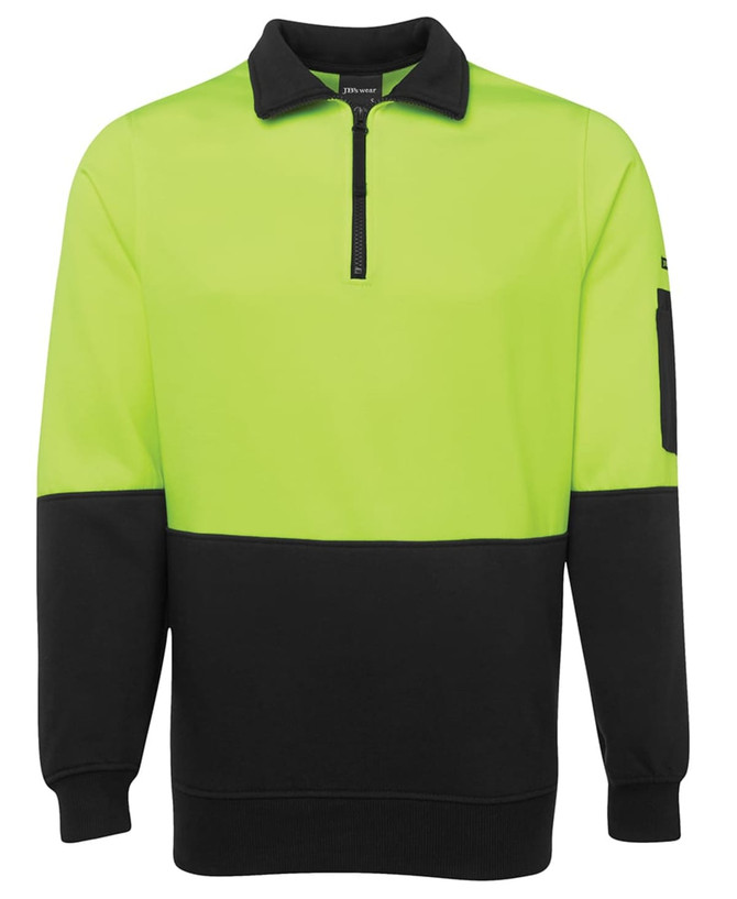 A fleece jumper in bright yellow-green with a black lower section and a zip collar, featuring a pocket on the sleeve.