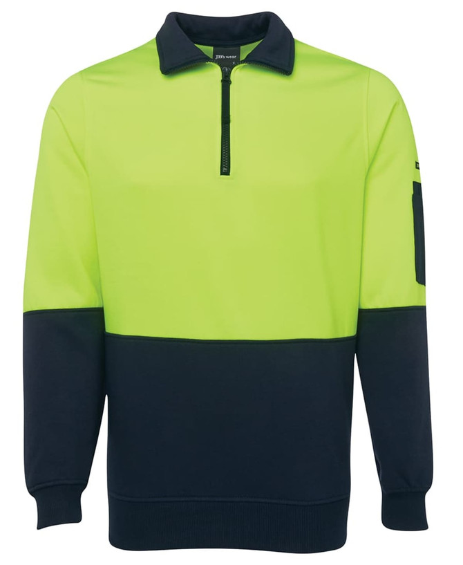 A high visibility fleece pullover in bright yellow and navy, featuring a half zip and a sleeve pocket with a logo.