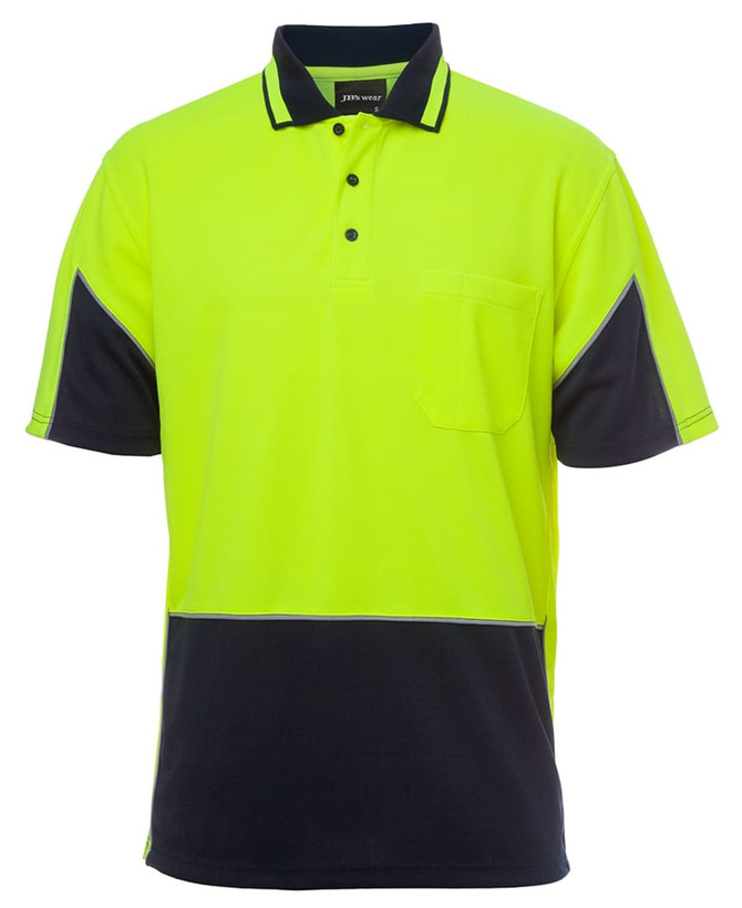 A bright high-visibility yellow and navy polo shirt, featuring a pocket and branding. Suitable for workwear.