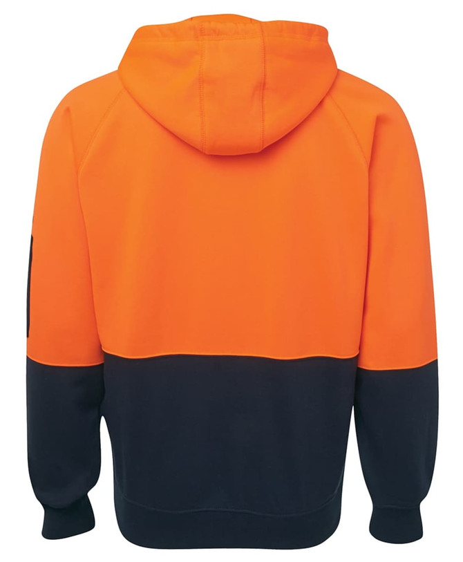 An orange and navy hoodie with a full zip and hood, featuring a logo on the sleeve.