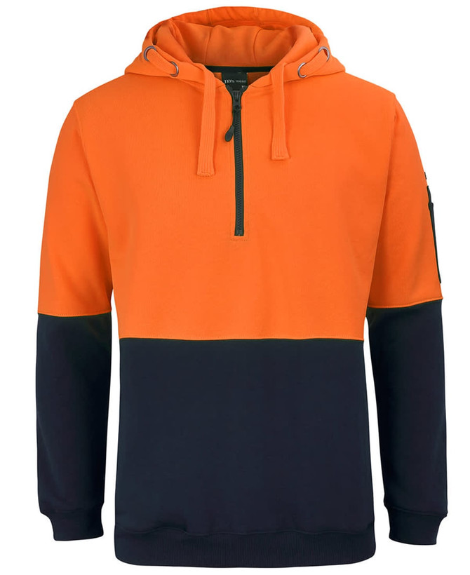 An orange and navy 1/2 zip fleece hoodie with a hood and a logo on the sleeve.