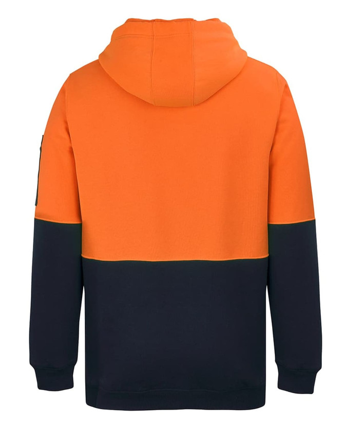 A back view of a two-tone hoodie in bright orange and navy with a hood and a sleeve logo.