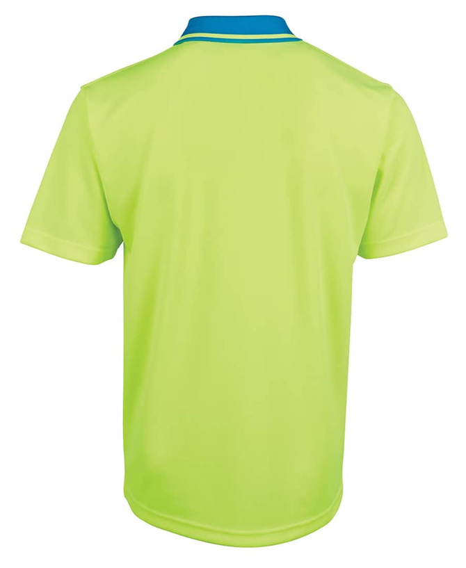 A lime green work polo shirt with a blue collar and a logo on the back.