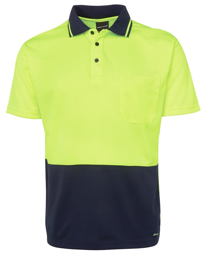 A bright yellow and navy work polo shirt with a collar, pocket, and logo. Ideal for workwear settings.