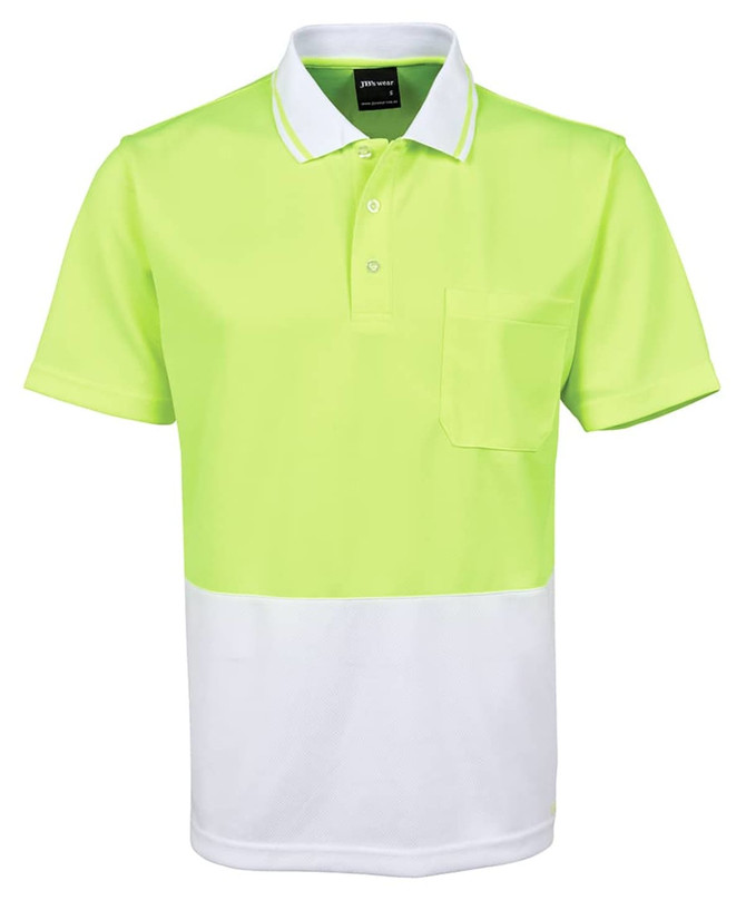 A high-visibility yellow polo shirt featuring a white lower section and a chest pocket, with a logo present.