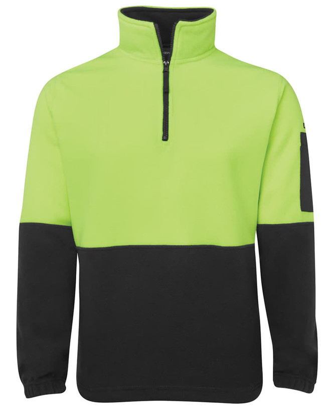 A polar fleece pullover featuring a high-visibility lime green upper and black lower section, with a zip collar and logo.