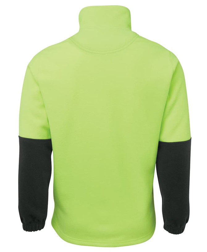 A high-visibility polar fleece jumper in bright yellow-green with black sleeves and cuffs. It has a logo on it.