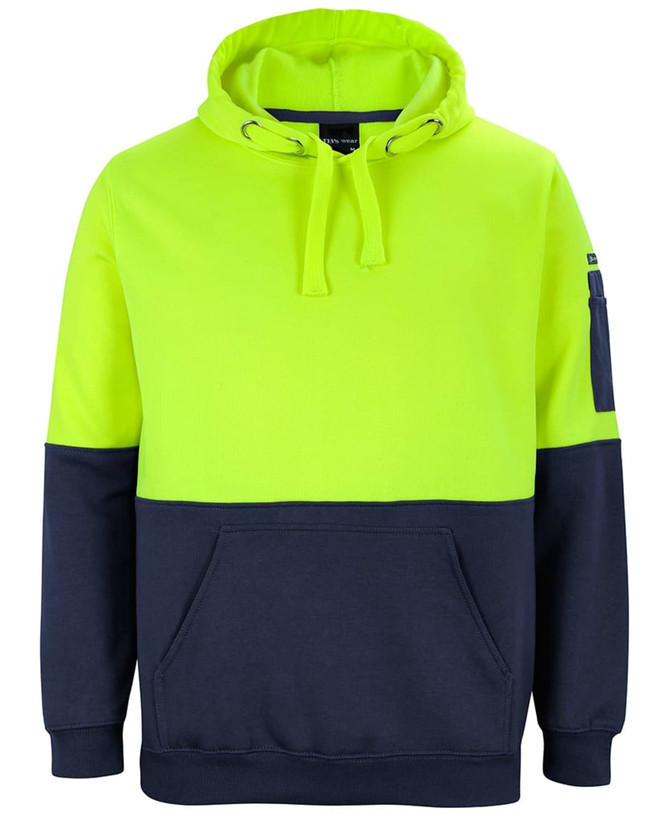 A high-visibility hoodie in bright yellow and navy, featuring a front pocket and a logo on the sleeve.