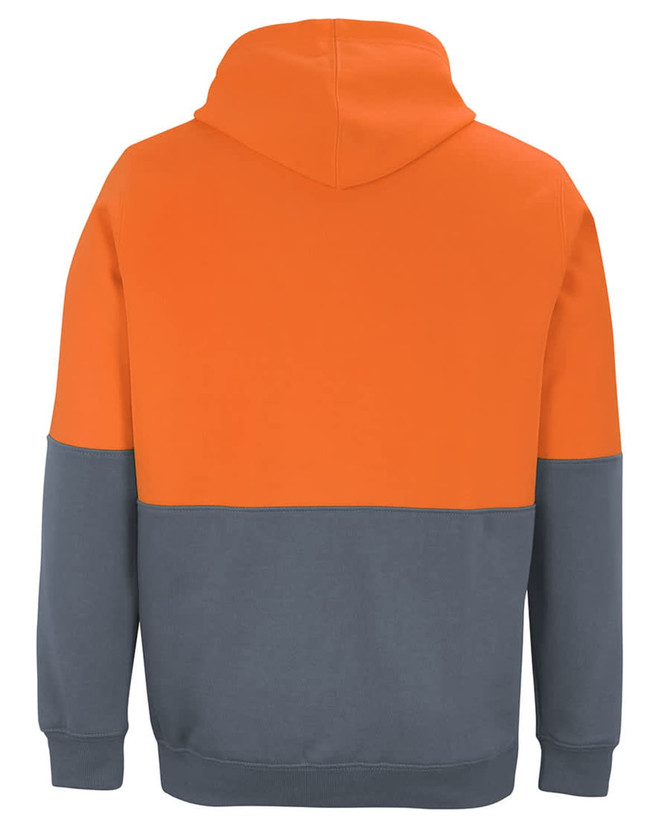 A work hoodie featuring a grey body with an orange upper section and a hood, complete with a logo.