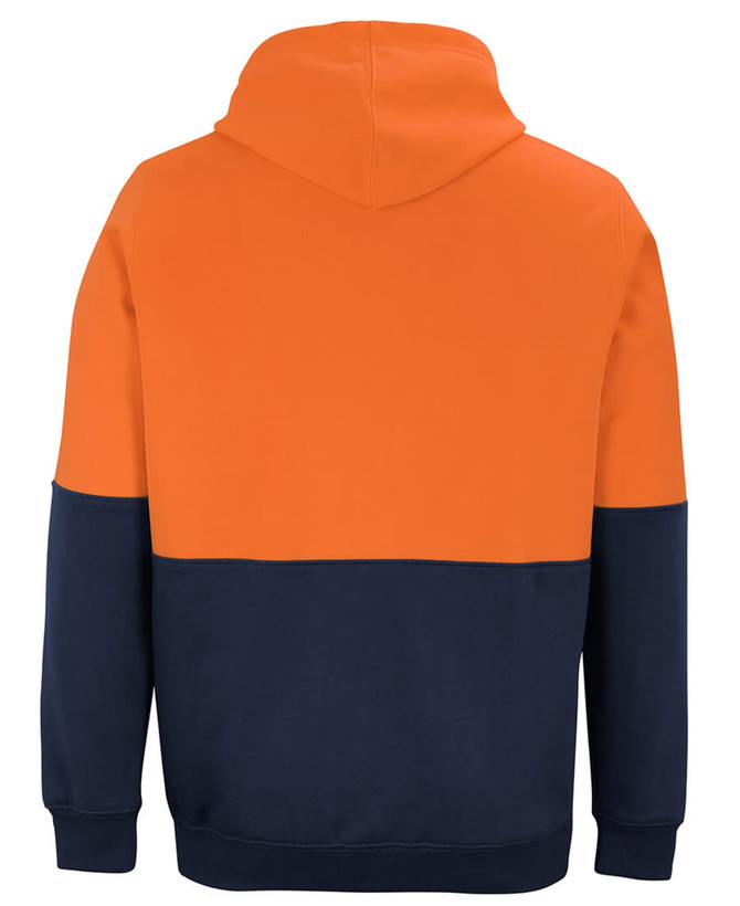 An orange and navy blue hoodie with a hood, featuring a colour-block design and a logo on the front.