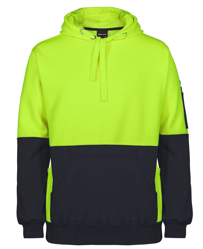 A bright yellow and navy blue hoodie with a front pocket and a hood, featuring a logo on the sleeve.