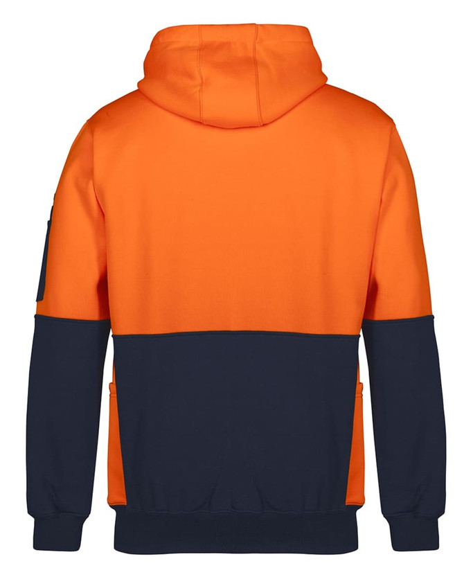 An orange and navy hoodie with a hood, featuring a logo on the sleeve. Ideal for workwear use.