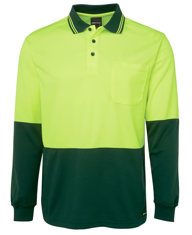 A long-sleeve polo shirt in high vis yellow and dark green, featuring a pocket and a branding logo.