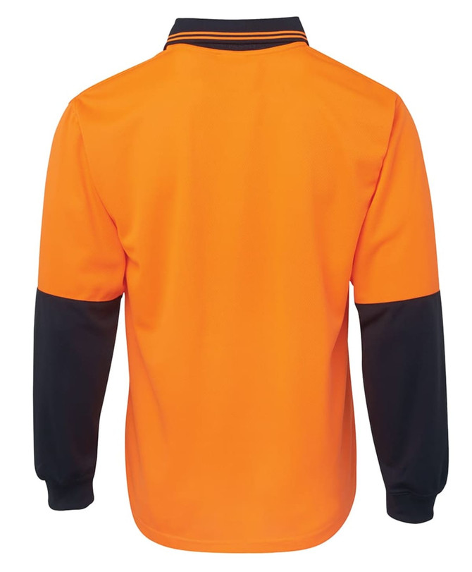 An orange long-sleeve polo shirt with black sleeves and a collar, featuring a logo on the back.