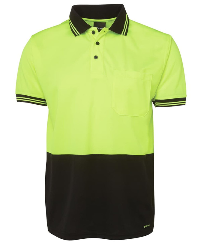 A high-visibility yellow and black polo shirt with a collar and pocket, featuring a logo.