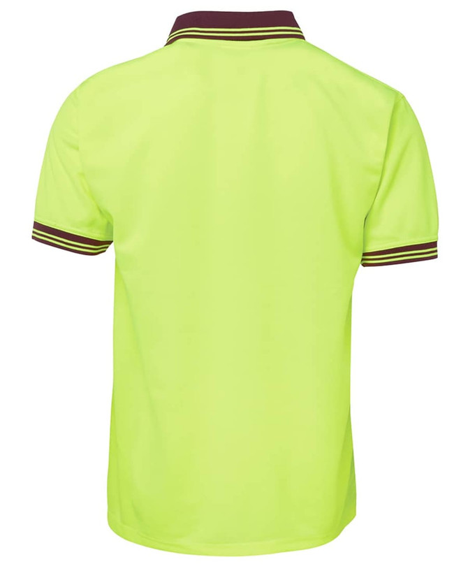 A bright yellow short-sleeve polo shirt featuring contrasting dark stripes on the collar and sleeves. It has a logo.