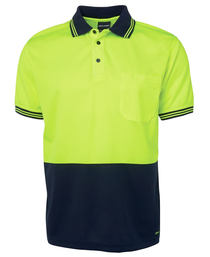 A high-visibility short-sleeve polo shirt in bright yellow and navy blue with a front pocket and contrasting stripes.
