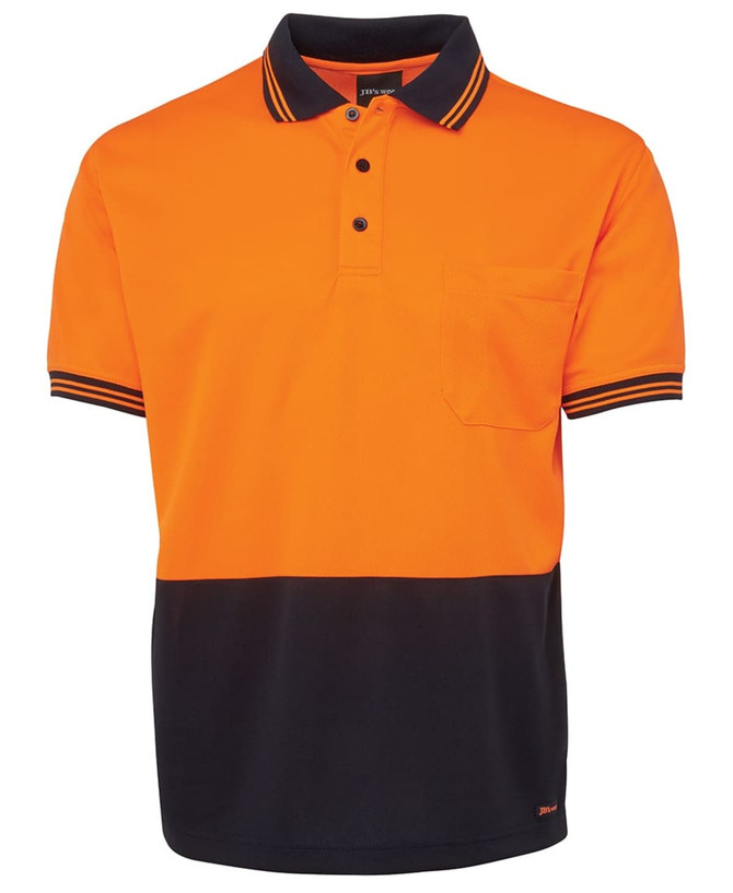 An orange and navy polo shirt featuring a pocket and a logo.