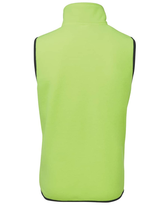 A high-visibility lime green work vest with black trim, featuring a stand-up collar and no sleeves.