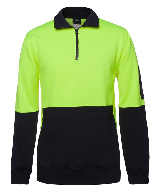 A fluorescent yellow and black fleece jumper featuring a half zip design and a pocket on the sleeve.