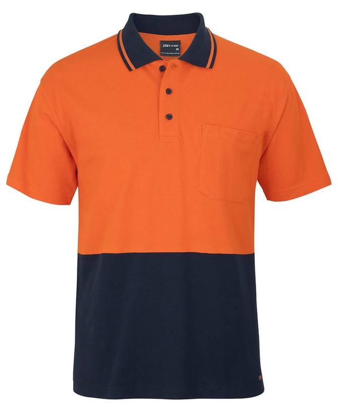 An orange and navy striped polo shirt with a collar and a chest pocket, featuring a logo.