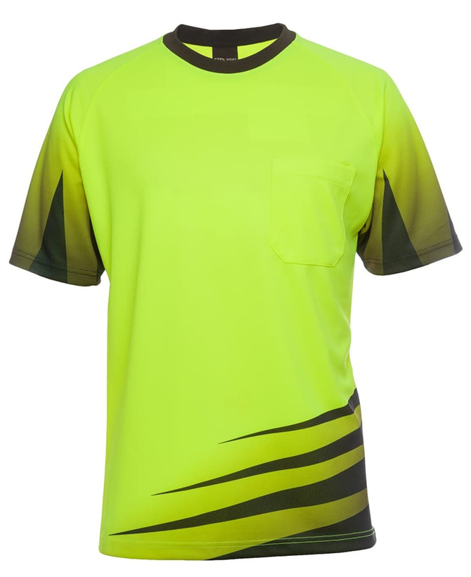 A short-sleeved work tee in bright yellow with a pocket and dark green accents. Features logo branding.