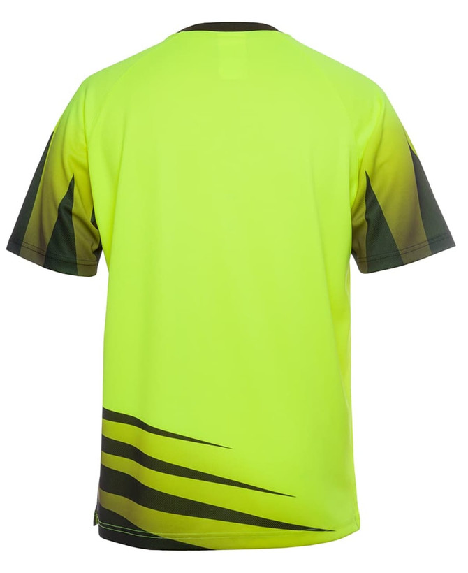 A bright yellow and green work t-shirt with a distinctive design and short sleeves. It features a logo.