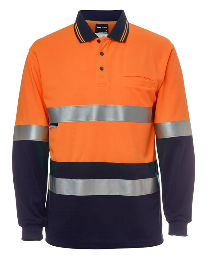 An orange and navy long-sleeve work polo shirt featuring reflective stripes and a pocket. It has a branded logo.