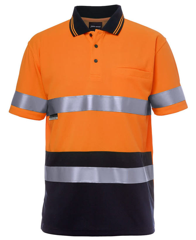 An orange and navy polo shirt with reflective stripes and a logo on the chest. It's designed for workwear.