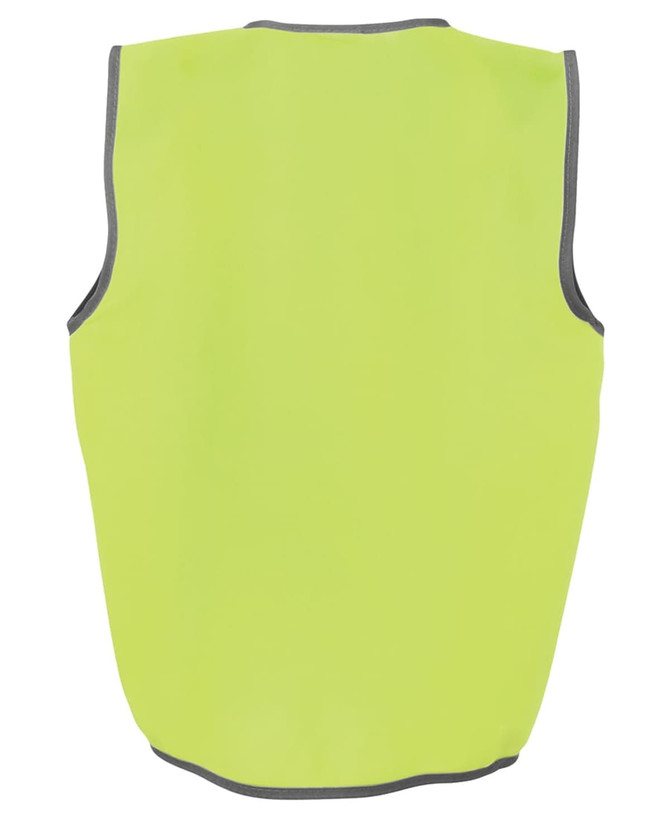 A high-visibility safety vest in fluorescent yellow with grey trim, featuring a logo on the back.