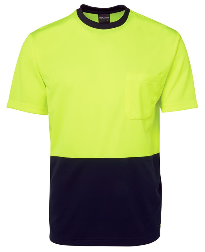 A high-visibility work t-shirt in bright yellow with a navy blue lower section and a pocket. It features a logo.