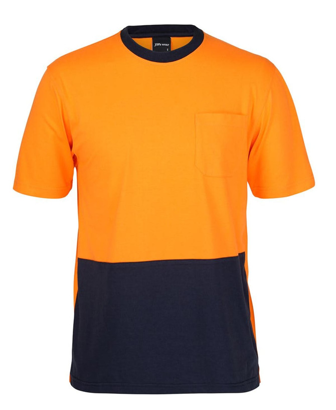 An orange and navy crew neck cotton t-shirt with a chest pocket and a logo. Suitable as workwear.