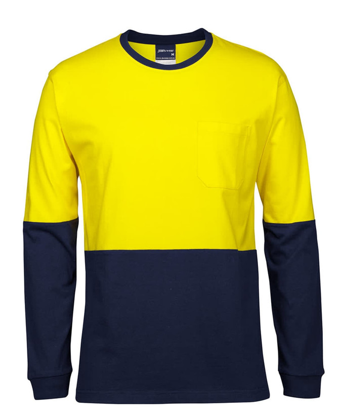 A long-sleeved crew neck T-shirt in high-visibility yellow and navy blue, featuring a pocket and a logo.