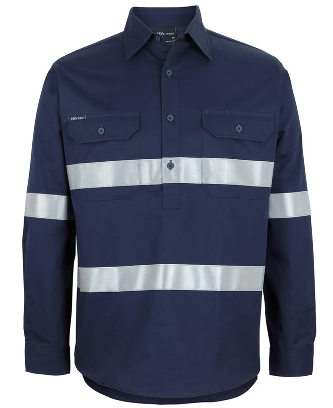 A navy long-sleeve work shirt featuring reflective tape and two front pockets, with a logo.