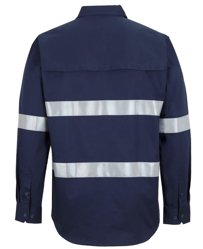 A navy long-sleeve work shirt featuring reflective tape on the back. Includes a logo.