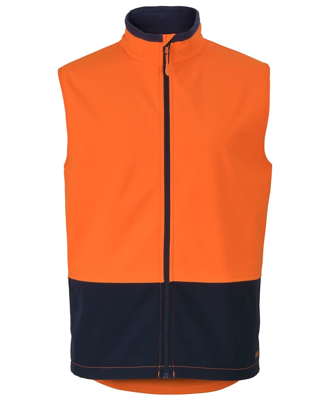 A three-layer softshell vest in lime and navy, featuring a zip front and a logo. Ideal for workwear.